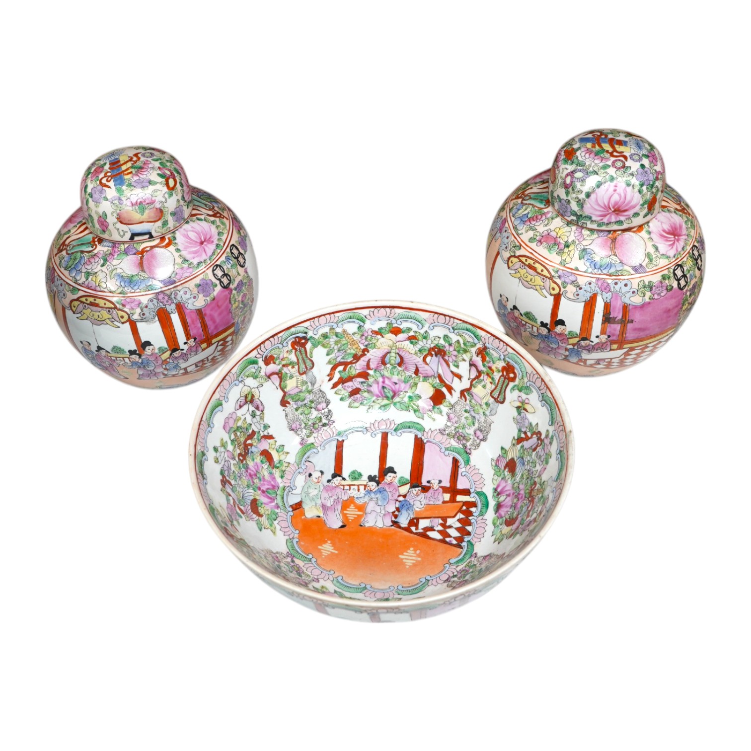 A 20th century Chinese famille rose bowl and a pair of jars and covers, bowl 26cm diameter. Condition - good